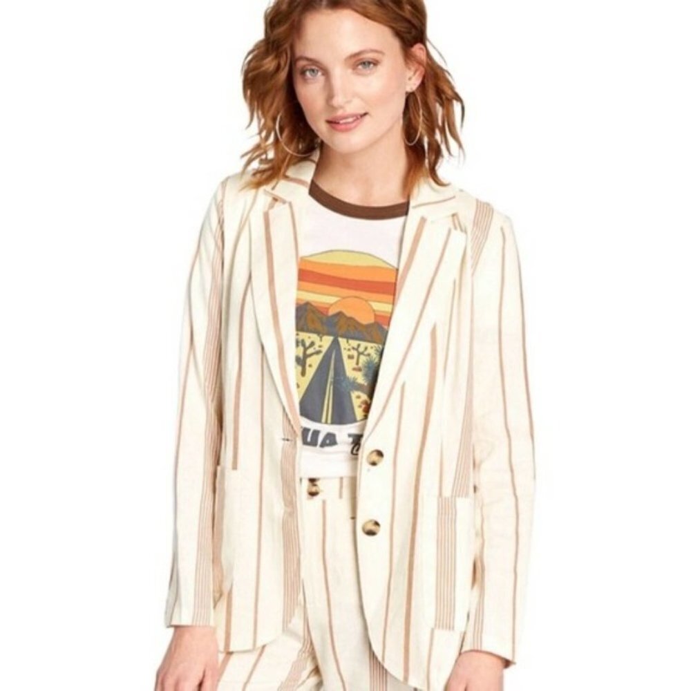 ModCloth Womens Beige Pink Striped Linen Long Sleeve Button Down Blazer Size 2XL